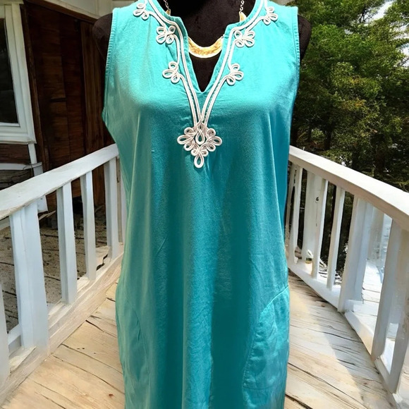 Lands End Women' Cotton Jersey Tunic Dress Cover-up Capri Aqua Embroidery‎ - Picture 6 of 9